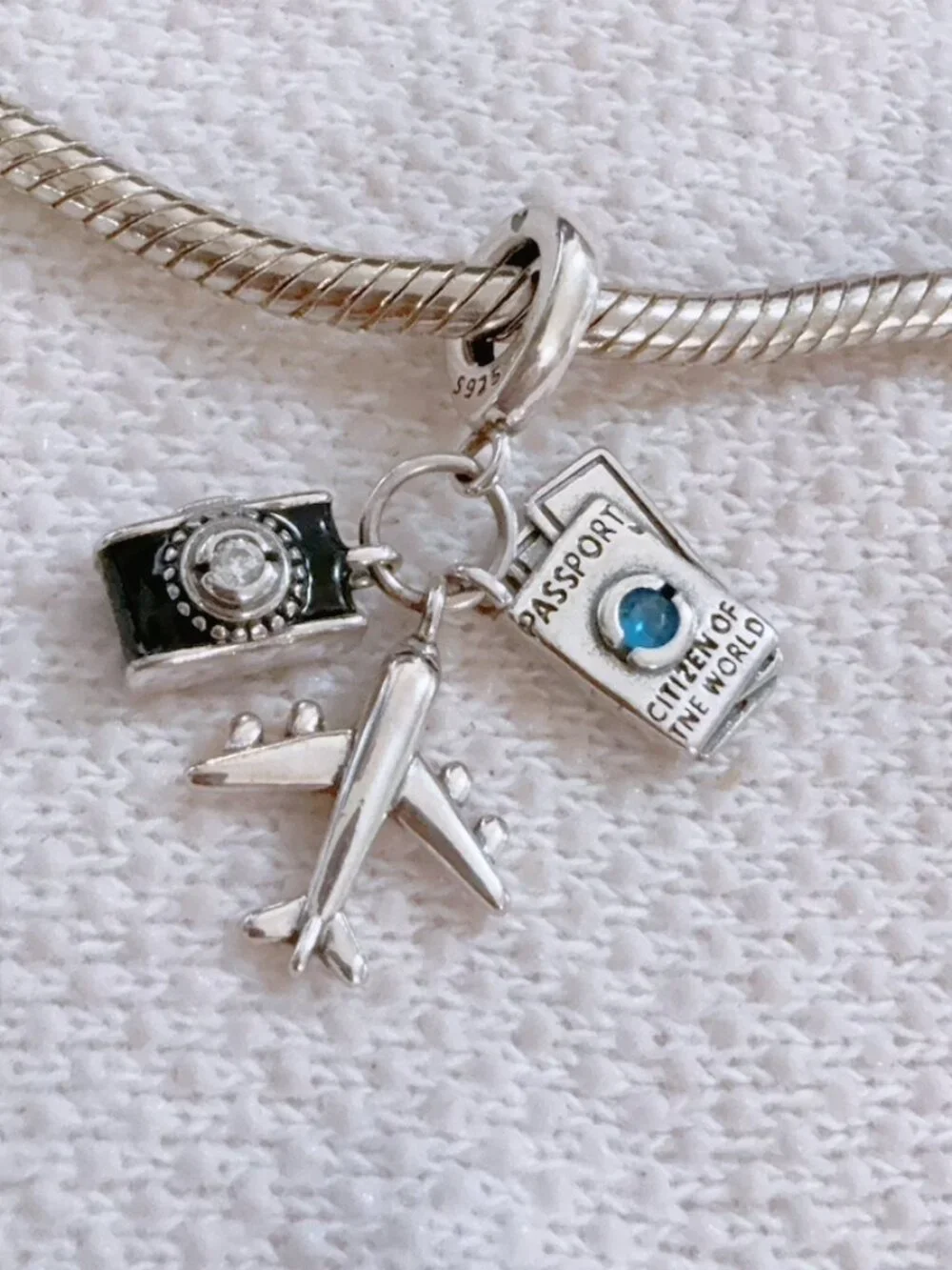 Travel Charm Camera Passport & Airplane Silver Charm For Pandora Bracelet